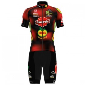Fietskleding (Fietsshirt + Korte Koersbroek) 2025 Pauwels Sauzen Cibel Clementines - Rood